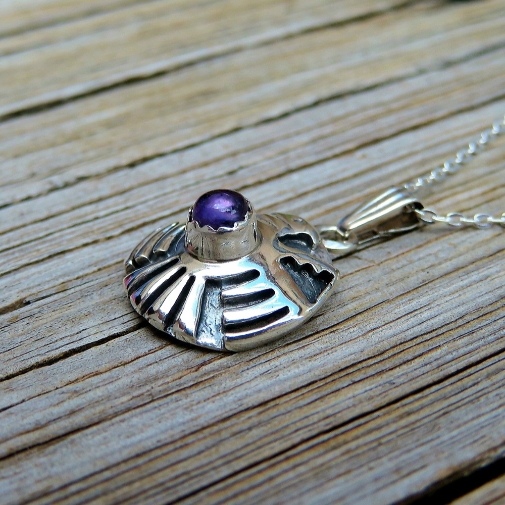 SOLD Vintage Navajo Thunderbird Amethyst Necklace - Picture 5 of 7
